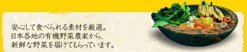 安心して食べられる素材を厳選。日本各地の有機野菜農家から、新鮮な野菜を届けてもらっています。